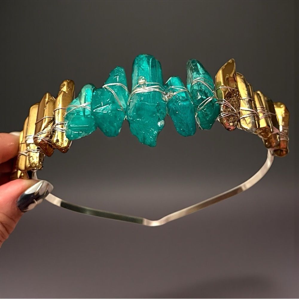 Handmade Genuine Gold and Teal Crystal Headband